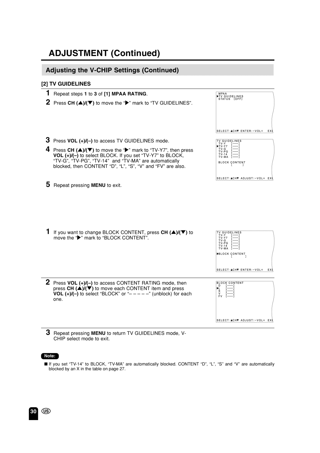 Sharp LC 15A2U operation manual ADJUSTMENT Continued, Adjusting the V-CHIP Settings Continued, Tv Guidelines 
