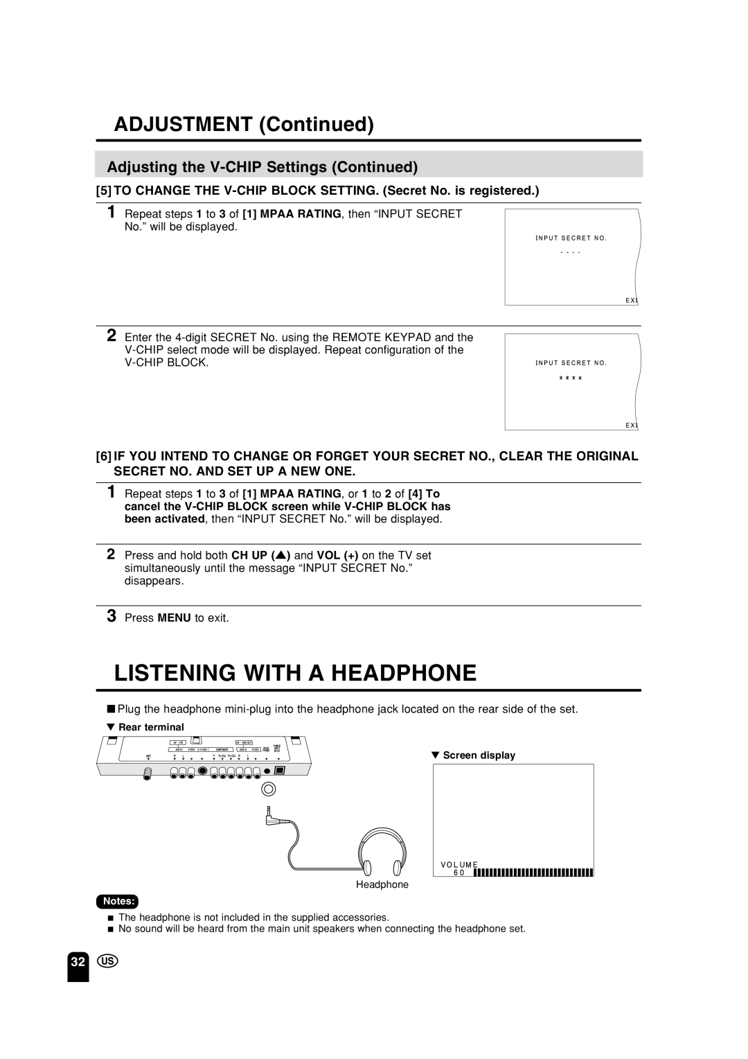 Sharp LC 15A2U operation manual Listening With A Headphone, ADJUSTMENT Continued, Adjusting the V-CHIP Settings Continued 