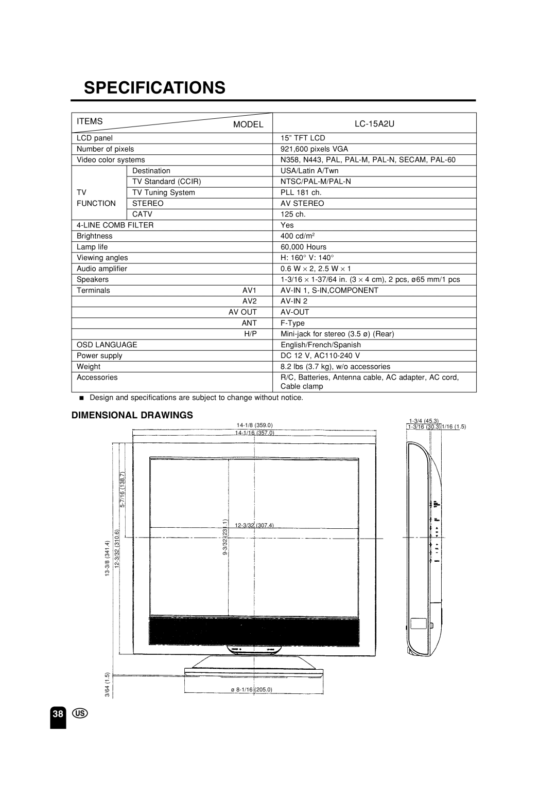Sharp LC 15A2U operation manual Specifications, Dimensional Drawings 