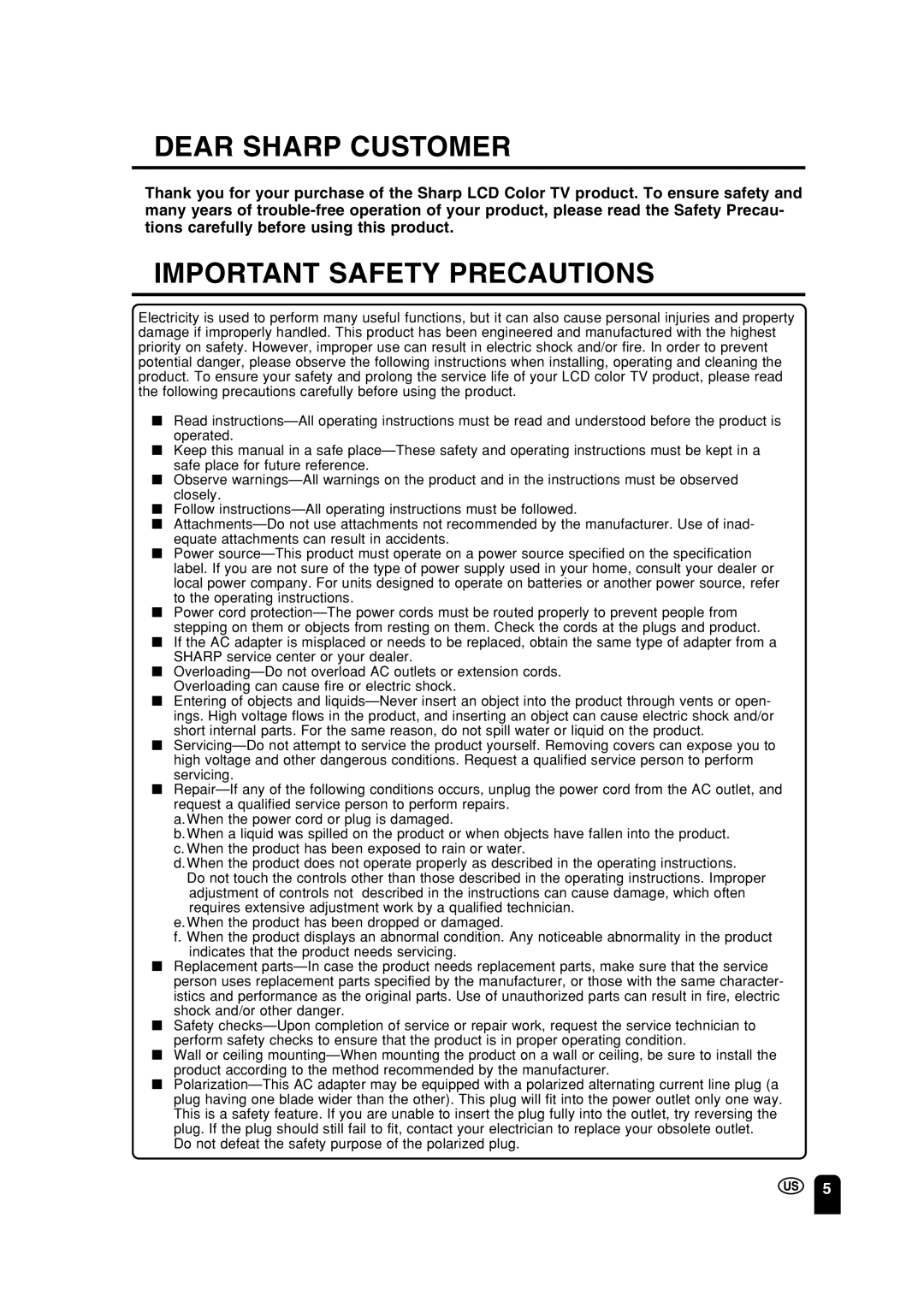 Sharp LC 15A2U operation manual Dear Sharp Customer, Important Safety Precautions 