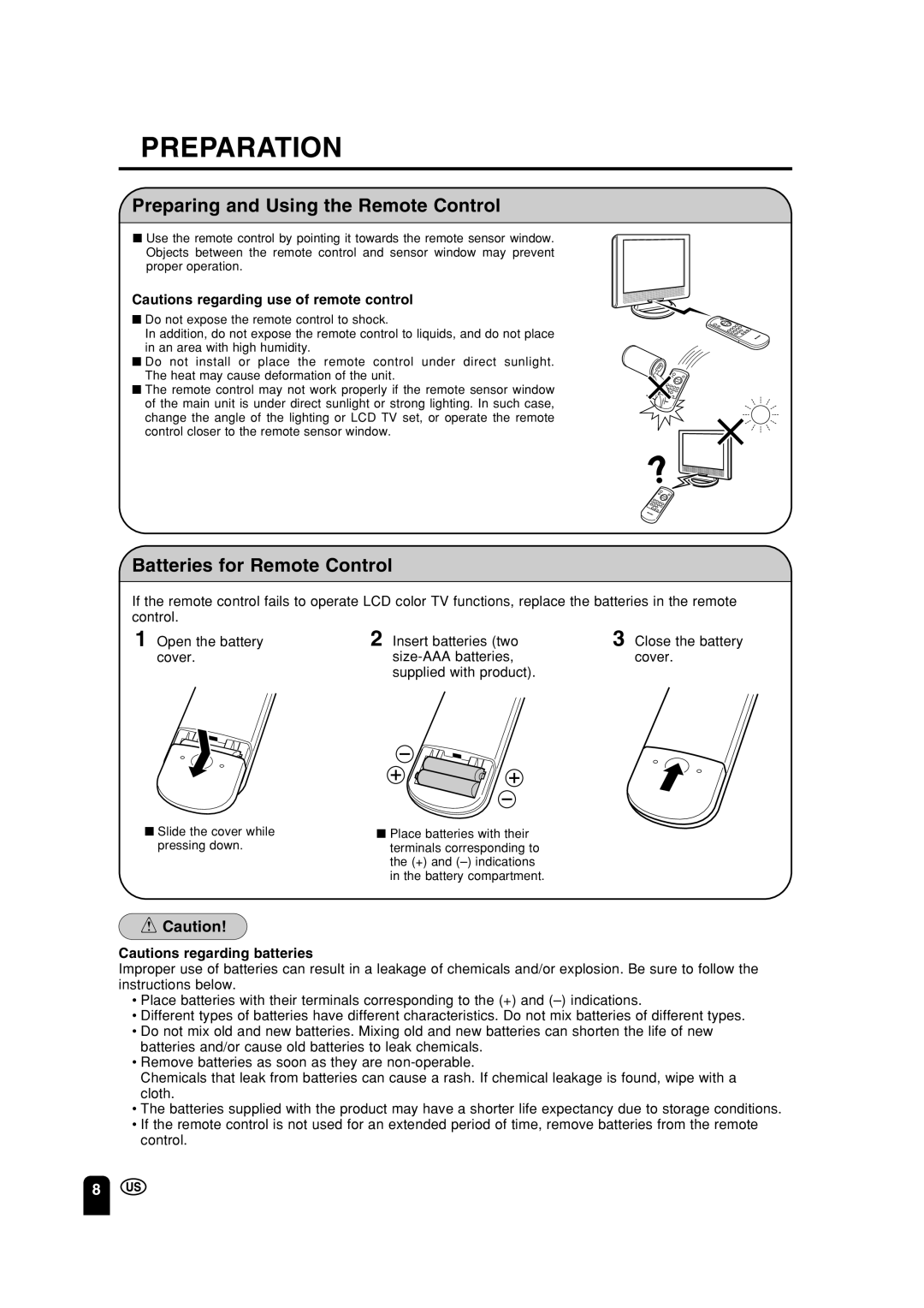 Sharp LC 15A2U operation manual Preparation, Preparing and Using the Remote Control, Batteries for Remote Control 