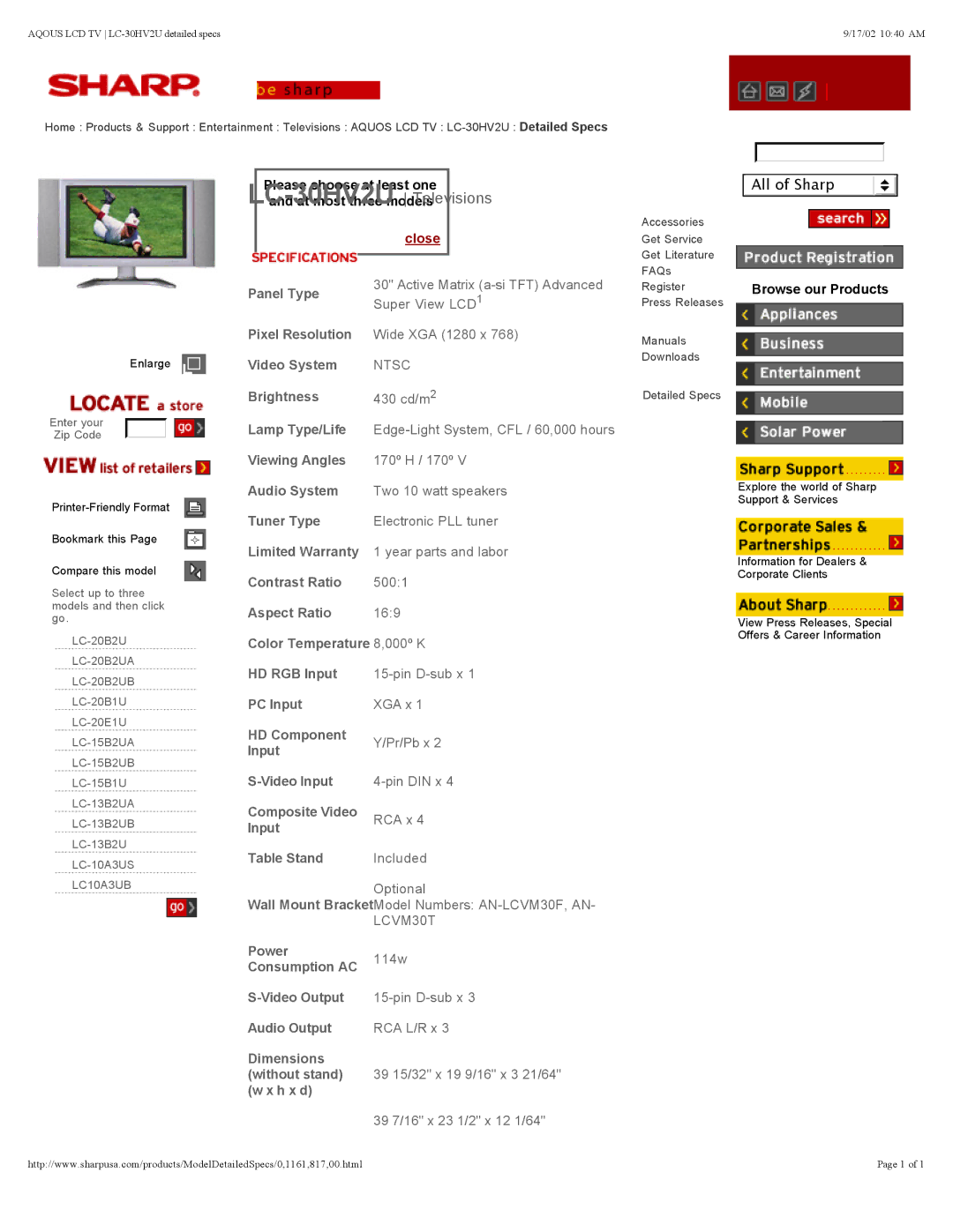 Sharp LC 15B2UB, LC 15B1U, LC 10A3US, LC 20B2UB warranty LC-30HV2U, Televisions, All of Sharp, Close 