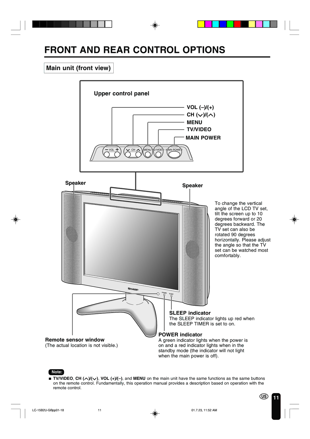 Sharp LC-15B2U operation manual Front and Rear Control Options, Main unit front view, Menu TV/VIDEO Main Power 