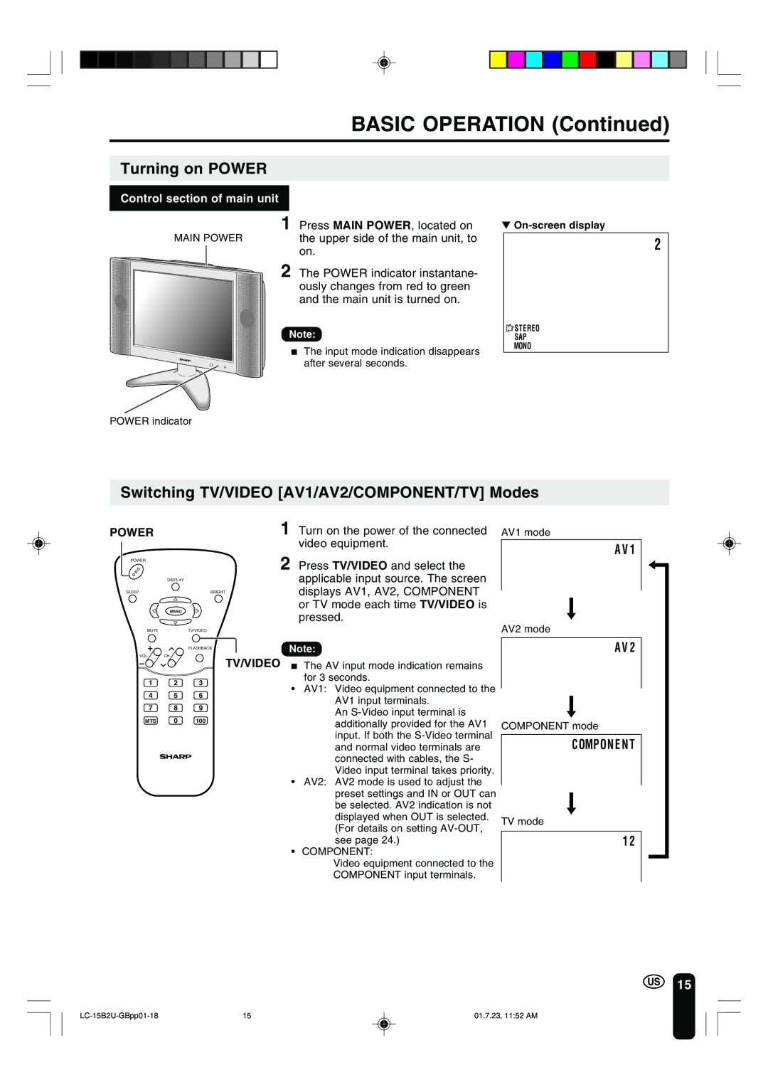 Sharp LC-15B2U operation manual Basic Operation, Turning on Power, Switching TV/VIDEO AV1/AV2/COMPONENT/TV Modes 