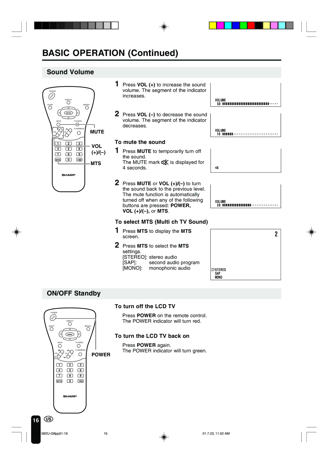 Sharp LC-15B2U operation manual Sound Volume, ON/OFF Standby 