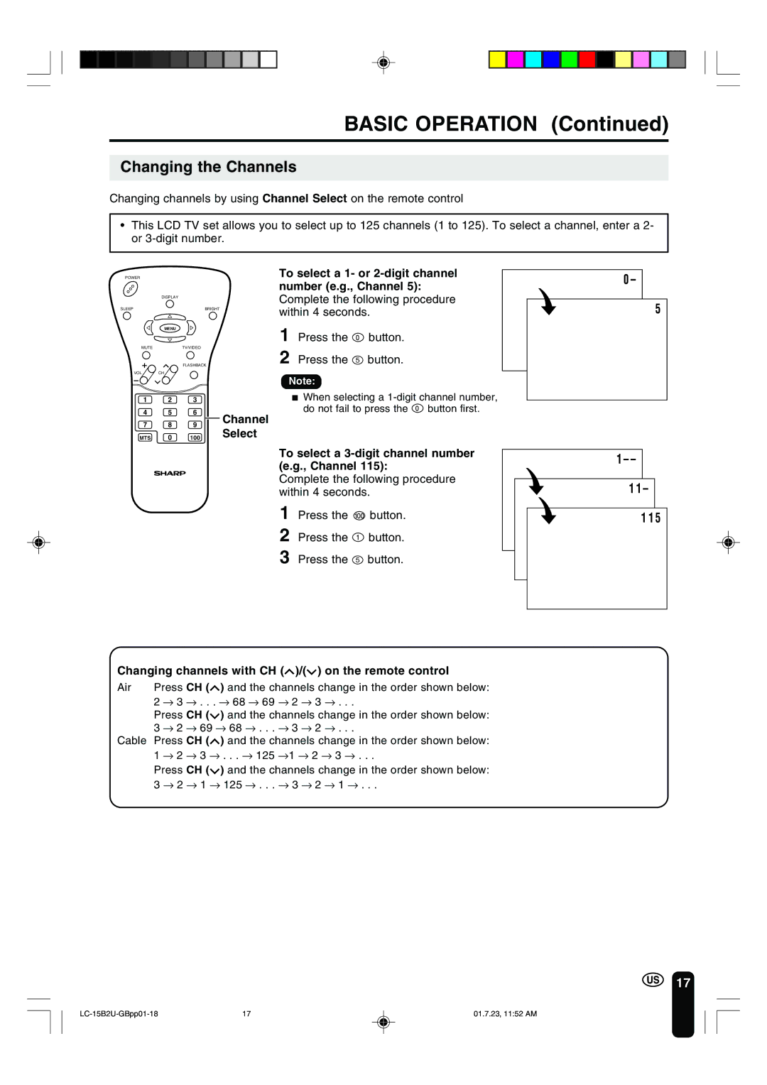 Sharp LC-15B2U operation manual Changing the Channels, Press the button Press the 5 button 