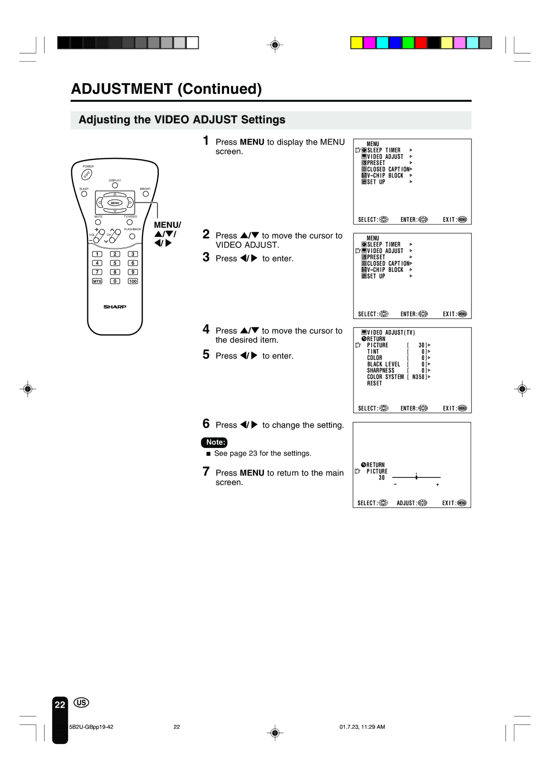 Sharp LC-15B2U operation manual Adjustment, Adjusting the Video Adjust Settings 