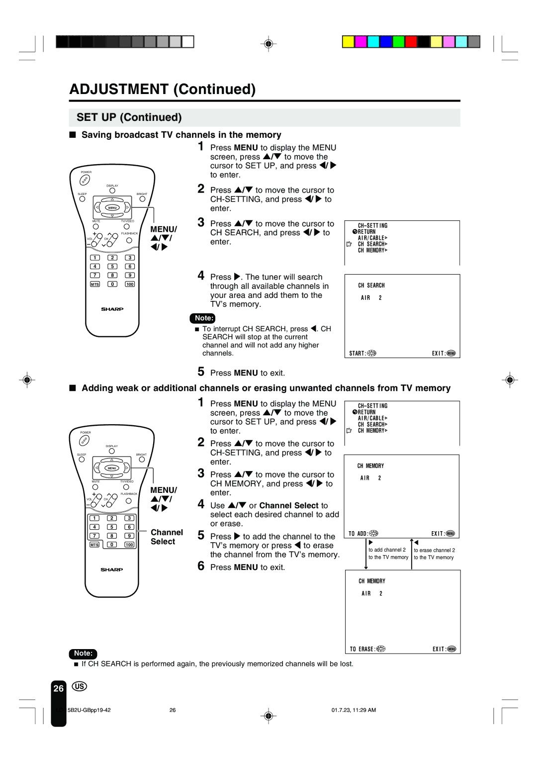 Sharp LC-15B2U operation manual Set Up, Saving broadcast TV channels in the memory, Select 