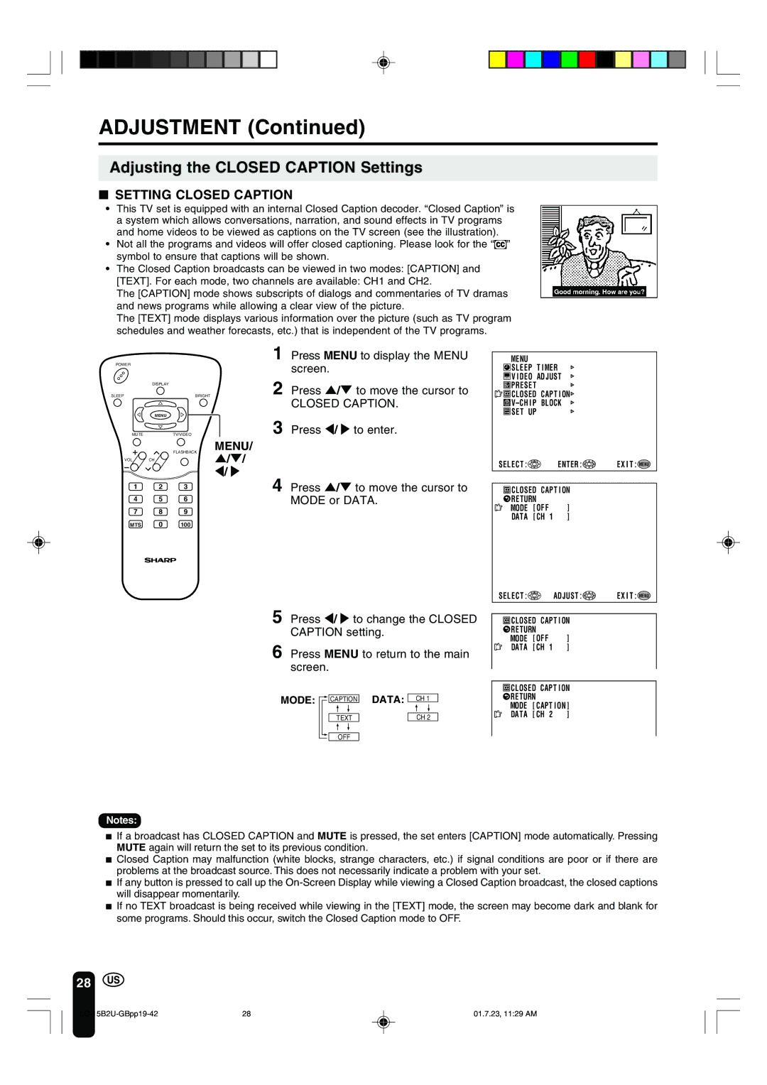 Sharp LC-15B2U operation manual Adjusting the Closed Caption Settings, Setting Closed Caption 