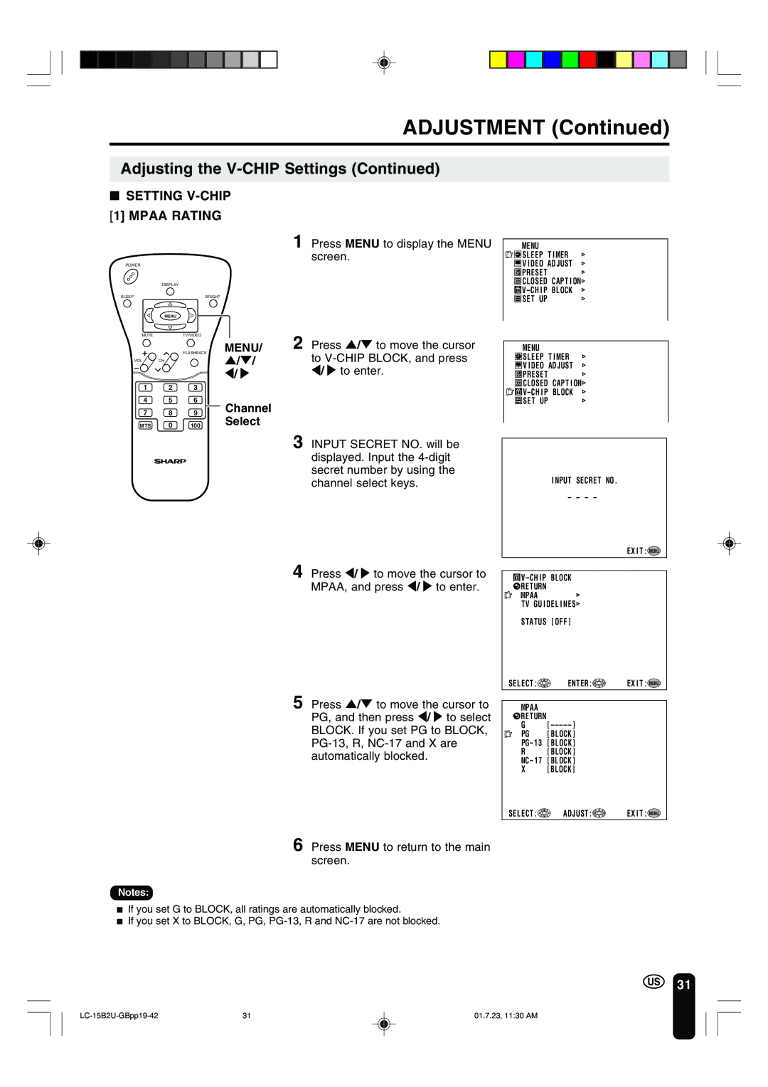 Sharp LC-15B2U Setting V-CHIP Mpaa Rating, Press / to move the cursor, To V-CHIP BLOCK, and press, To enter 