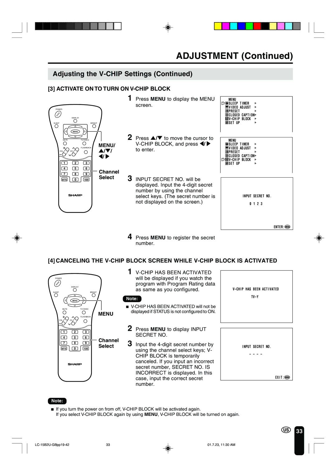 Sharp LC-15B2U Activate on to Turn on V-CHIP Block, Press Menu to register the secret number, Channel Select 