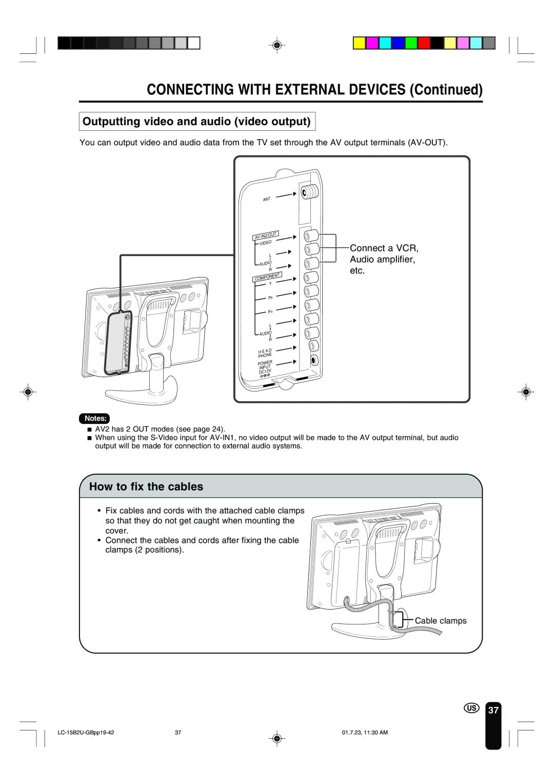 Sharp LC-15B2U operation manual Outputting video and audio video output, How to fix the cables, Cable clamps 