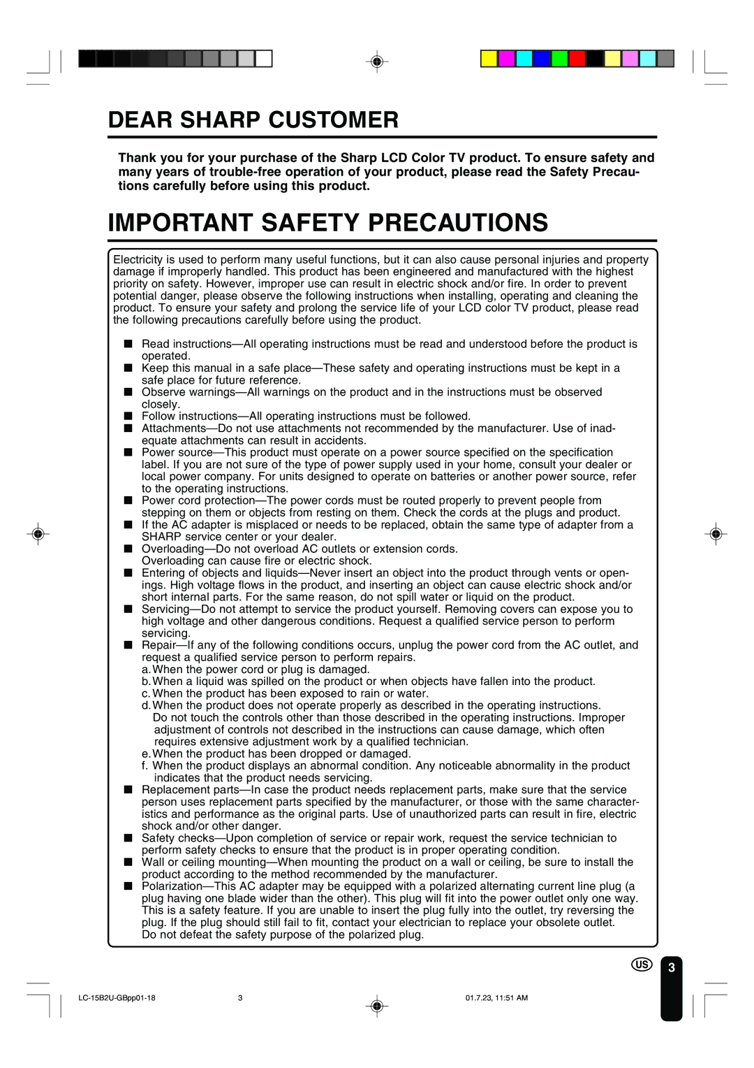 Sharp LC-15B2U operation manual Important Safety Precautions, Dear Sharp Customer 