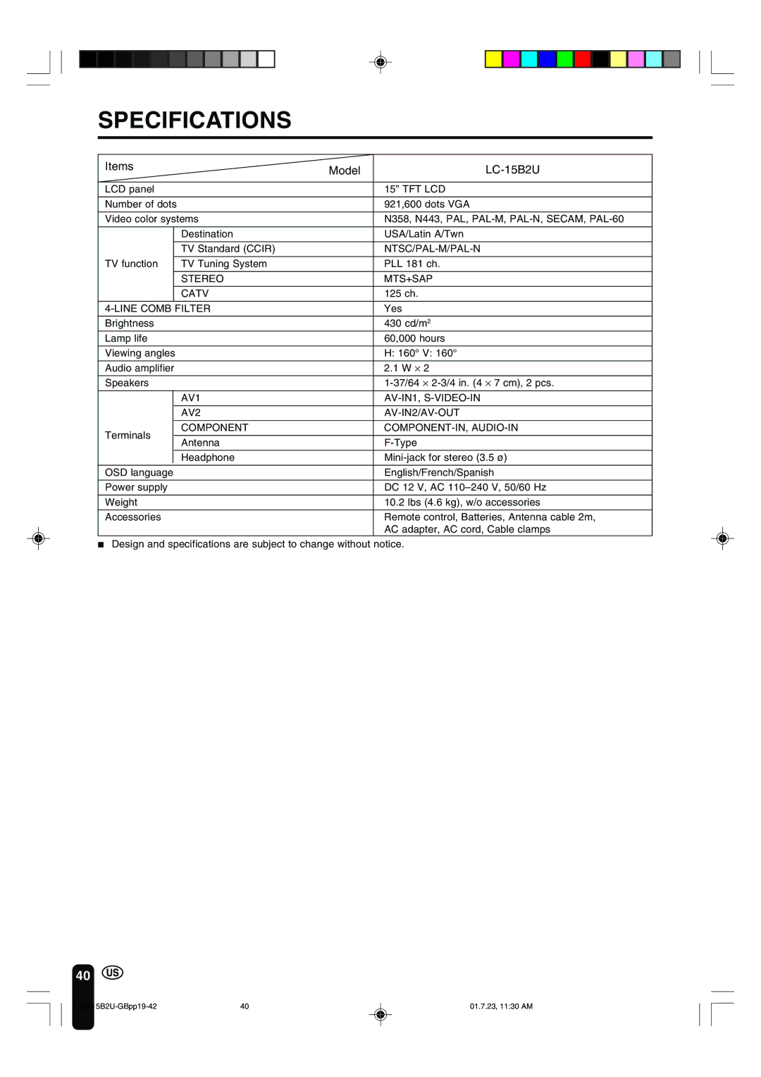 Sharp operation manual Specifications, Items Model LC-15B2U 