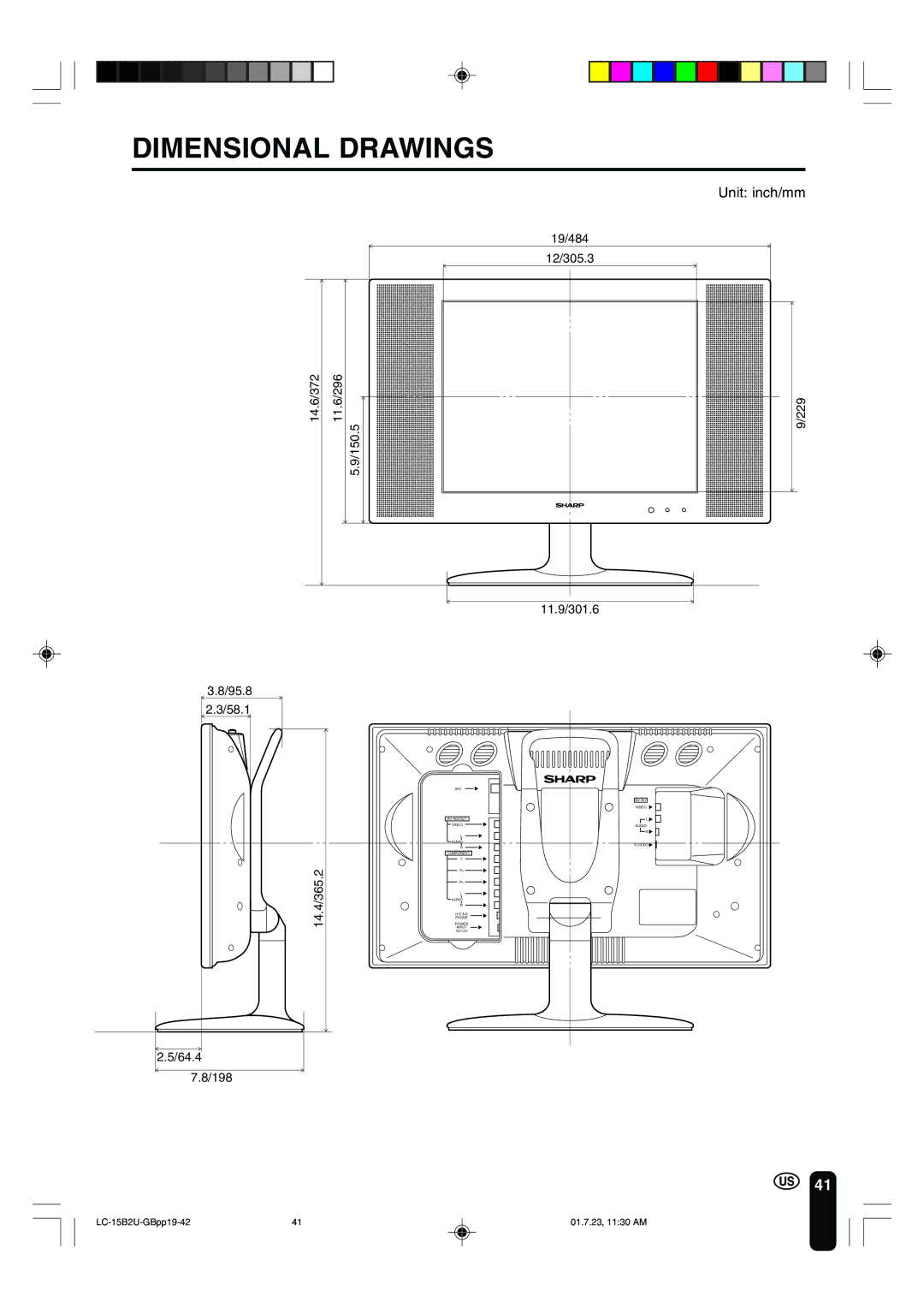 Sharp LC-15B2U operation manual Dimensional Drawings, Unit inch/mm 