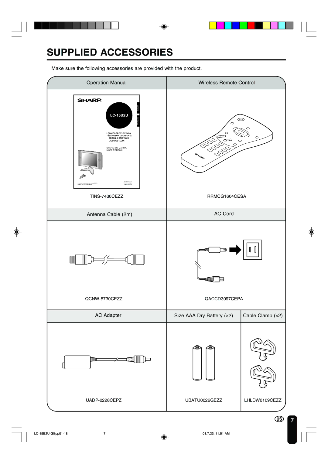 Sharp LC-15B2U Supplied Accessories, Antenna Cable 2m AC Cord, AC Adapter Size AAA Dry Battery ⋅2 Cable Clamp ⋅2 