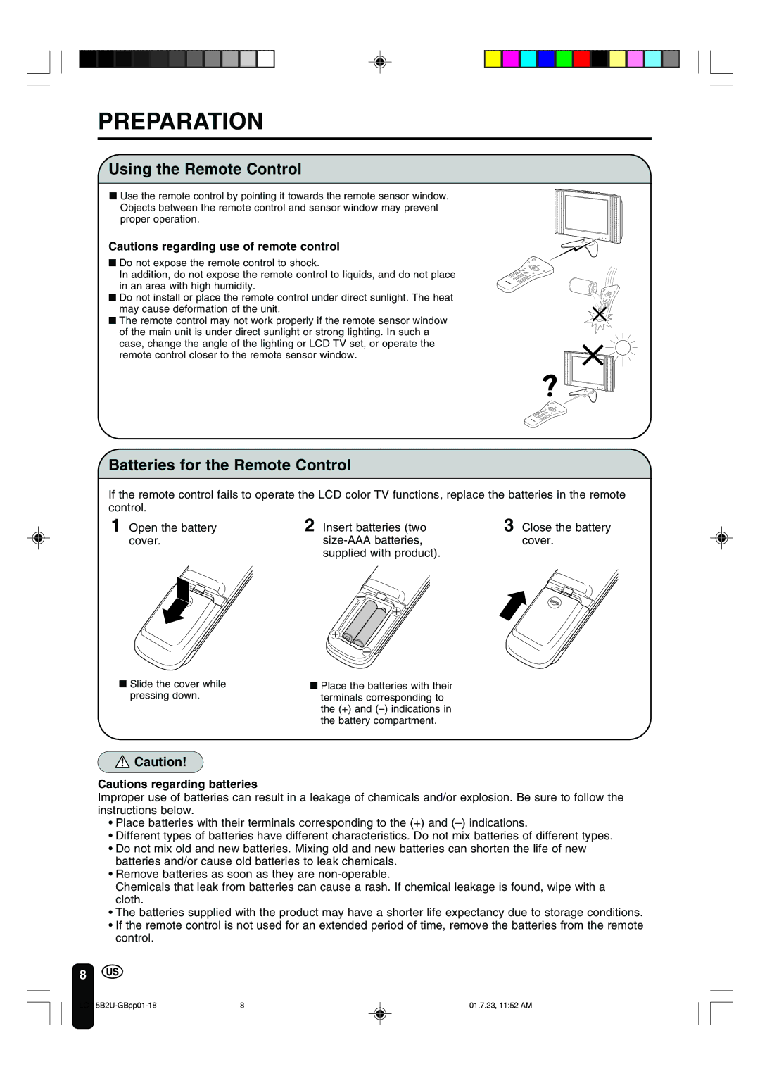 Sharp LC-15B2U operation manual Preparation, Using the Remote Control, Batteries for the Remote Control 