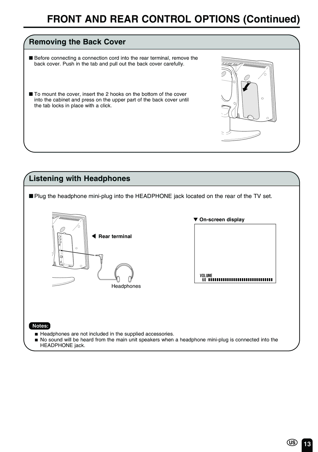 Sharp LC 15B2UA operation manual Removing the Back Cover, Listening with Headphones 