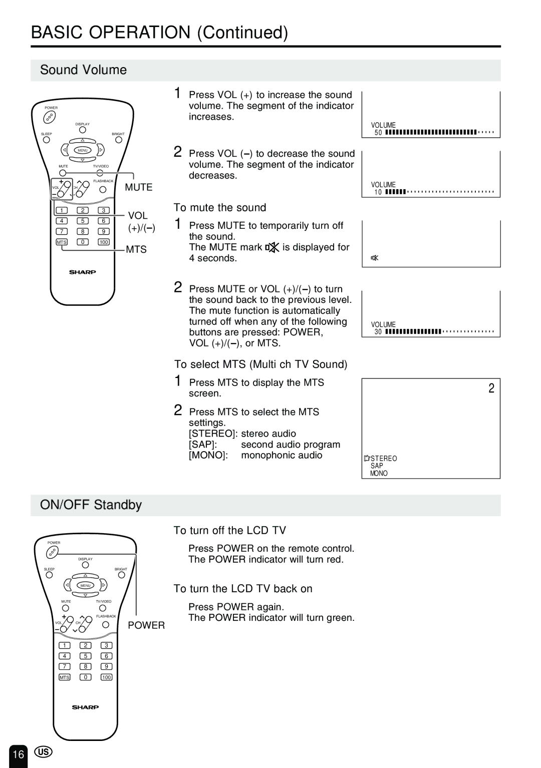 Sharp LC 15B2UA operation manual Sound Volume, ON/OFF Standby 