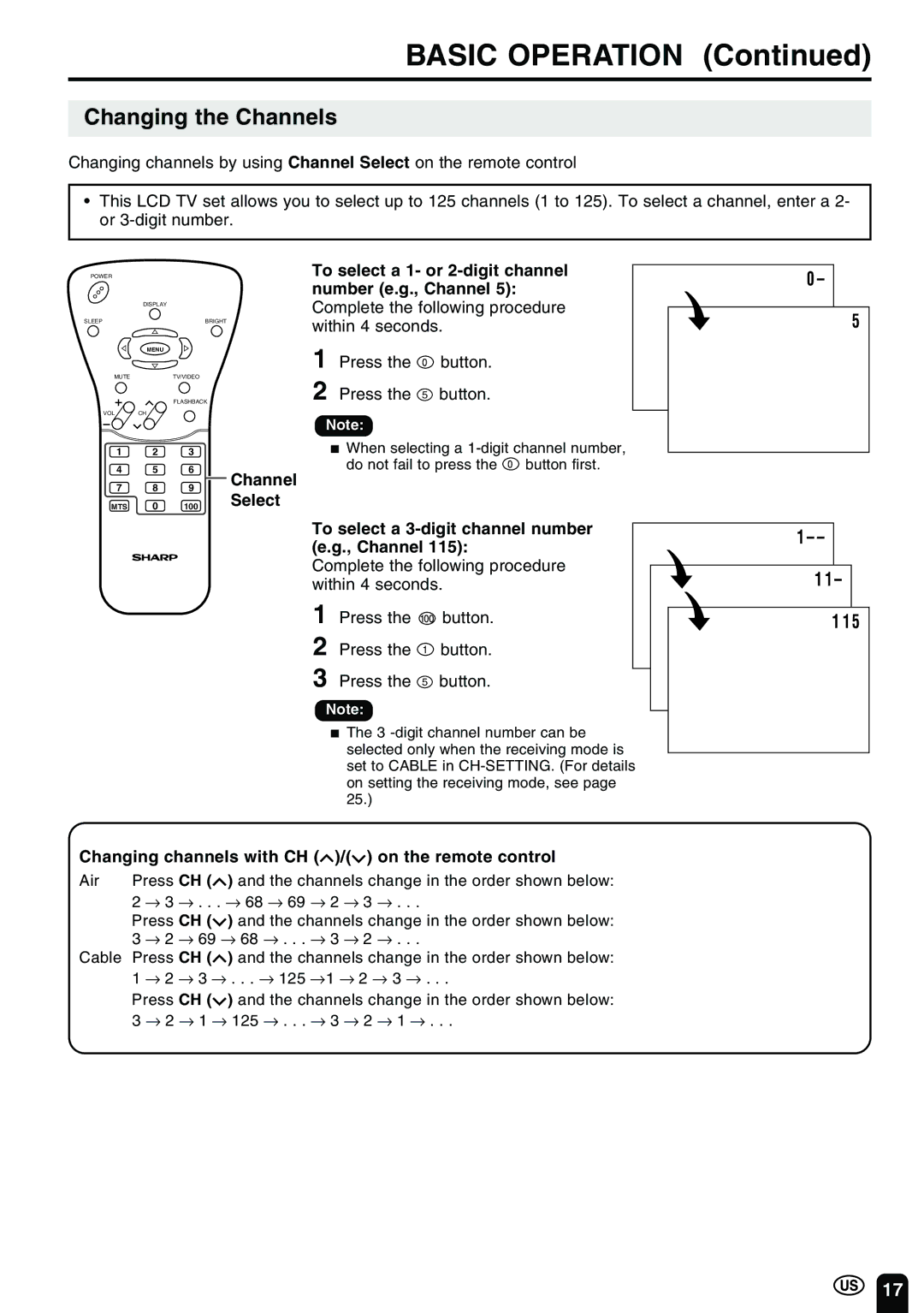 Sharp LC 15B2UA operation manual Changing the Channels, Press the button Press the 5 button 