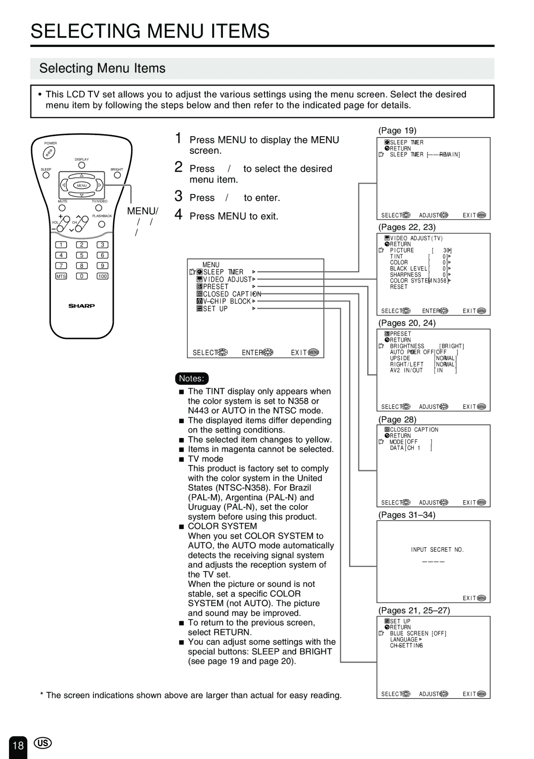 Sharp LC 15B2UA operation manual Selecting Menu Items 