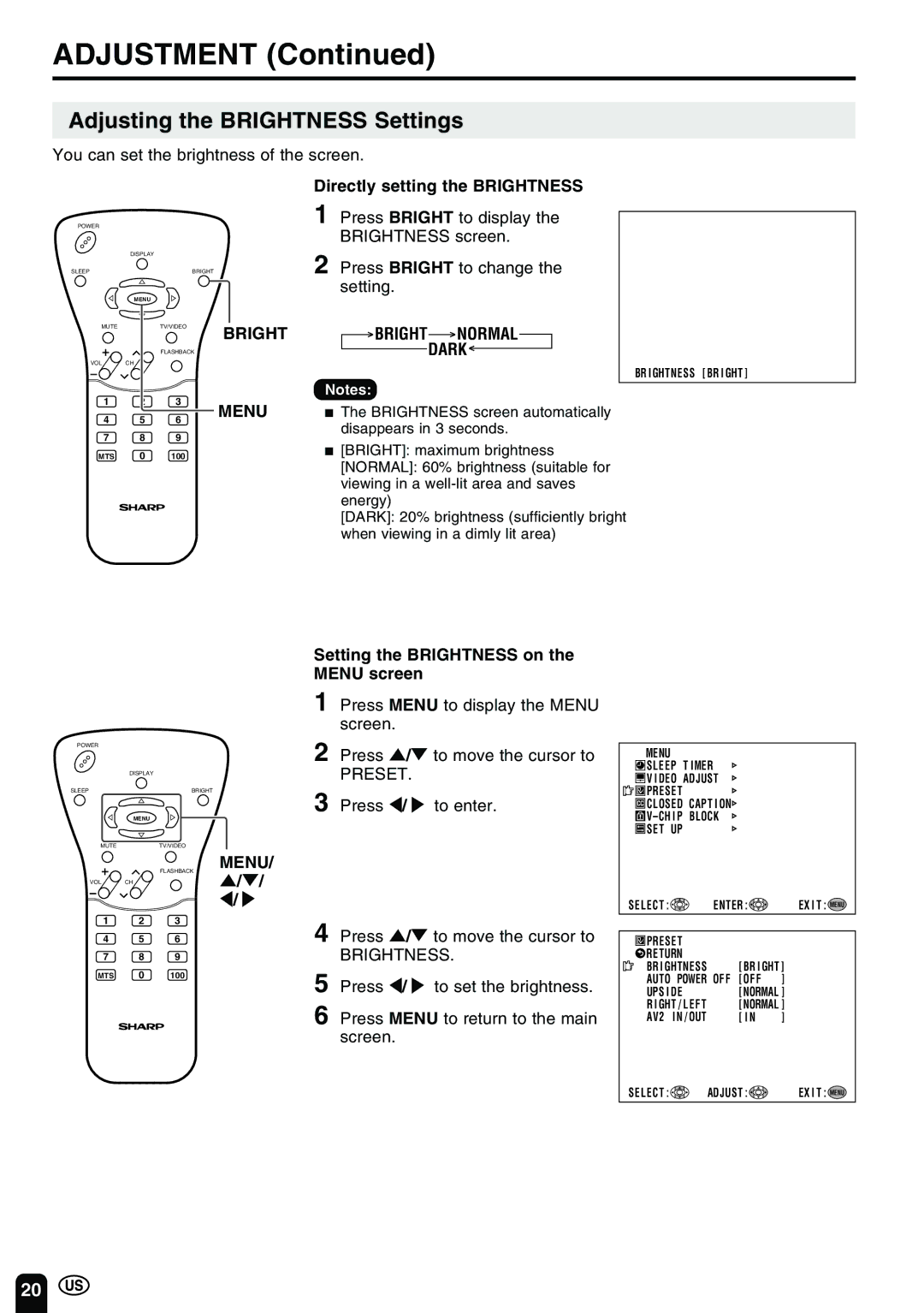 Sharp LC 15B2UA operation manual Adjustment, Adjusting the Brightness Settings, Directly setting the Brightness 