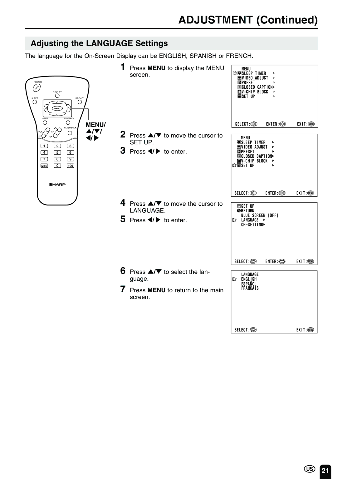 Sharp LC 15B2UA operation manual Adjusting the Language Settings, Screen, Press / to move the cursor to, Press / to enter 