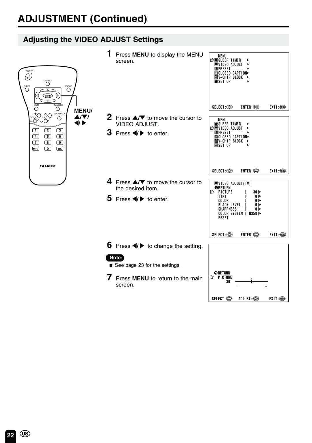 Sharp LC 15B2UA operation manual Adjusting the Video Adjust Settings 