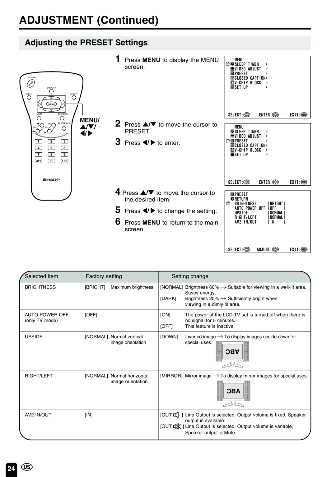 Sharp LC 15B2UA operation manual Adjusting the Preset Settings, Abc 