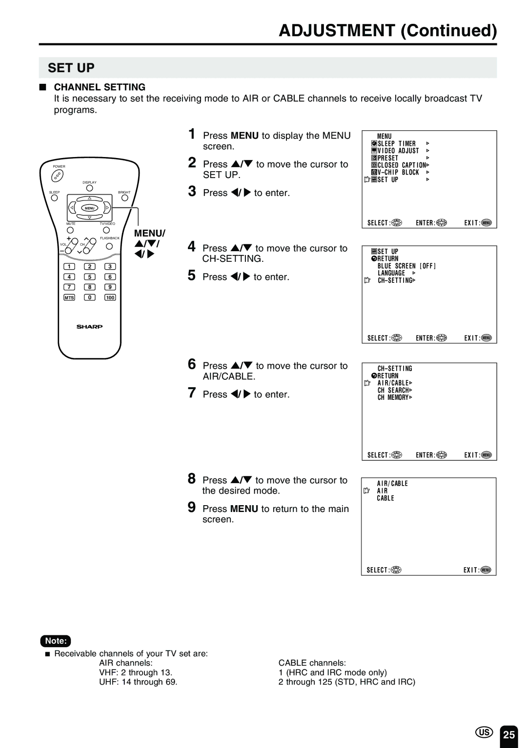 Sharp LC 15B2UA Channel Setting, Set Up, Ch-Setting, Press / to enter Press / to move the cursor to AIR/CABLE 