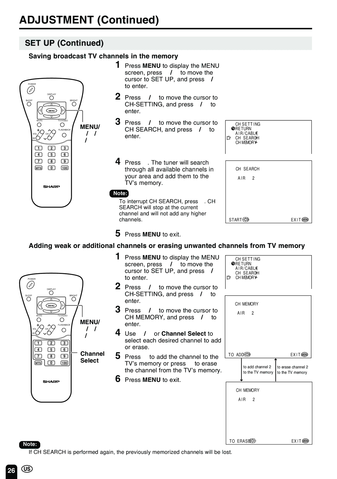 Sharp LC 15B2UA operation manual Set Up, Saving broadcast TV channels in the memory, Select 