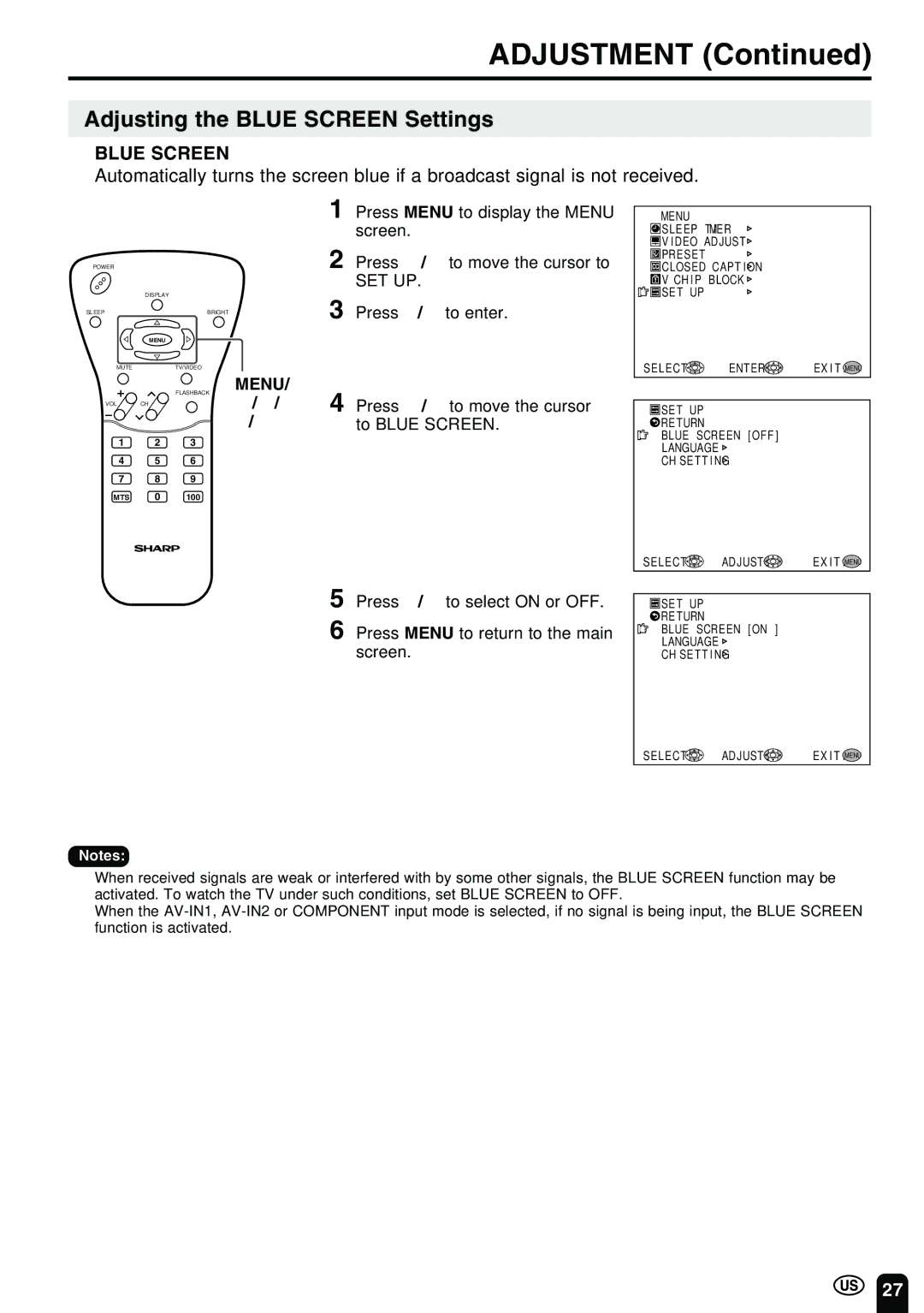 Sharp LC 15B2UA Adjusting the Blue Screen Settings, Press / to enter Press / to move the cursor to Blue Screen 