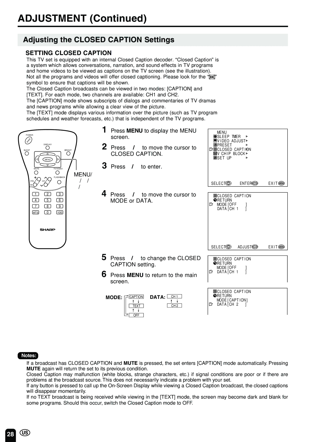 Sharp LC 15B2UA Adjusting the Closed Caption Settings, Setting Closed Caption, Press Menu to display the Menu screen 