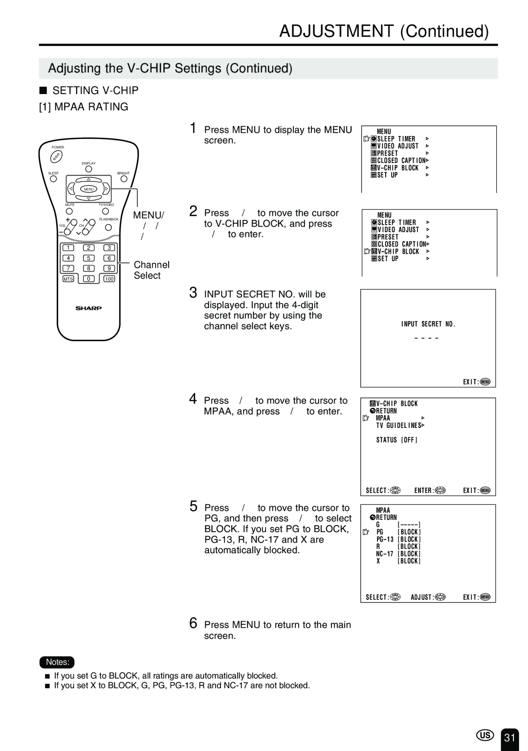 Sharp LC 15B2UA Setting V-CHIP Mpaa Rating, Press / to move the cursor, To V-CHIP BLOCK, and press, To enter 