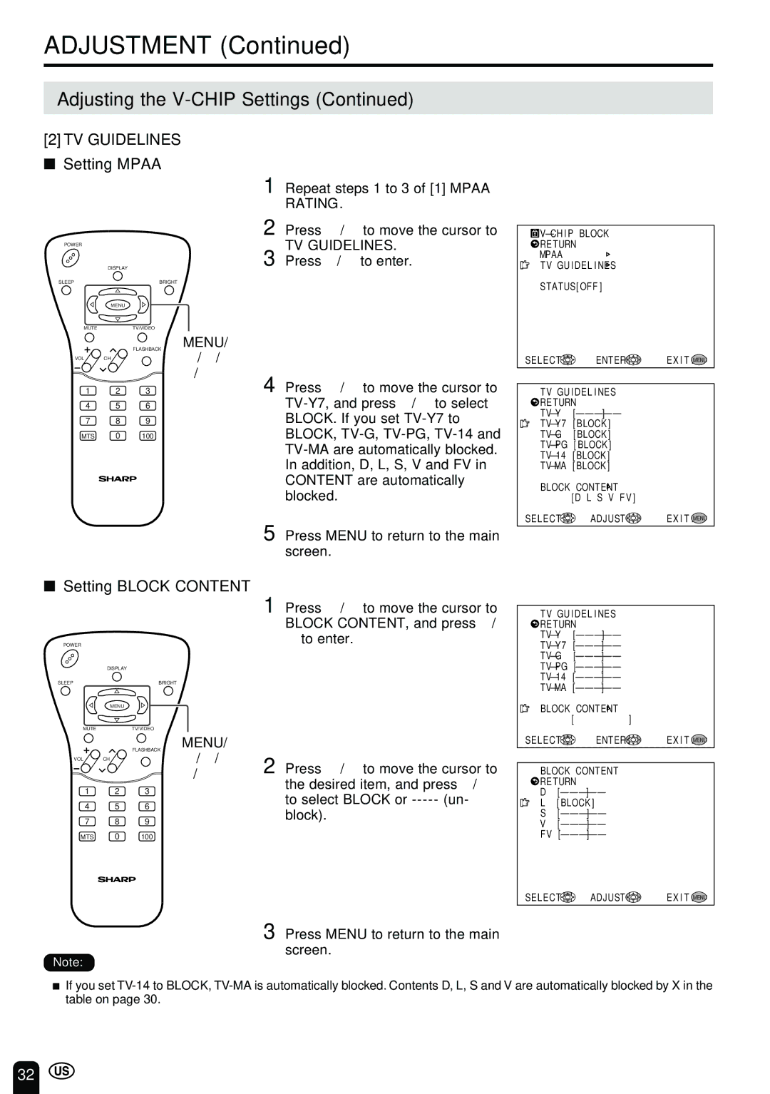 Sharp LC 15B2UA operation manual TV Guidelines, Setting Mpaa, Setting Block Content 