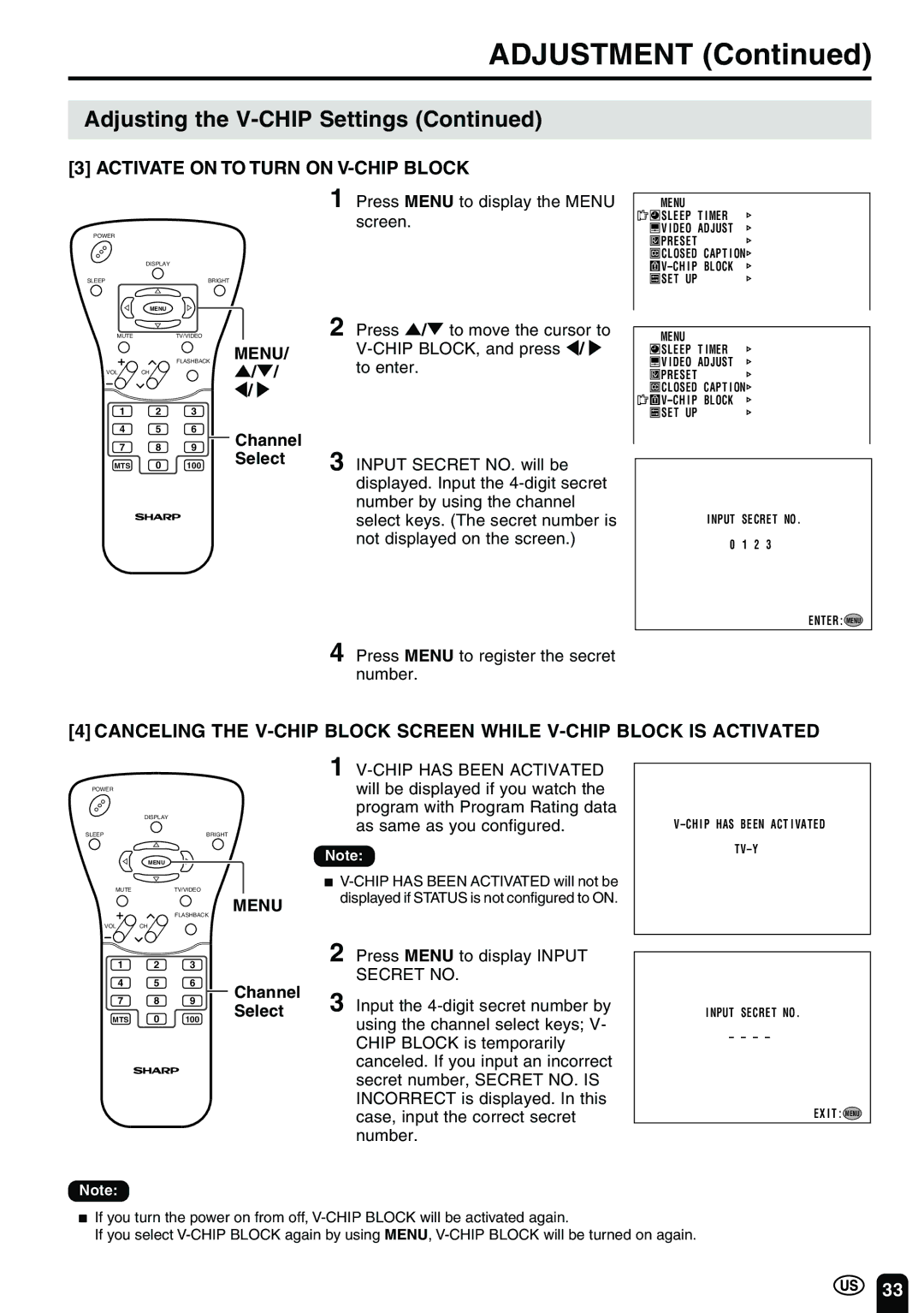 Sharp LC 15B2UA Activate on to Turn on V-CHIP Block, Press Menu to register the secret number, Channel Select 