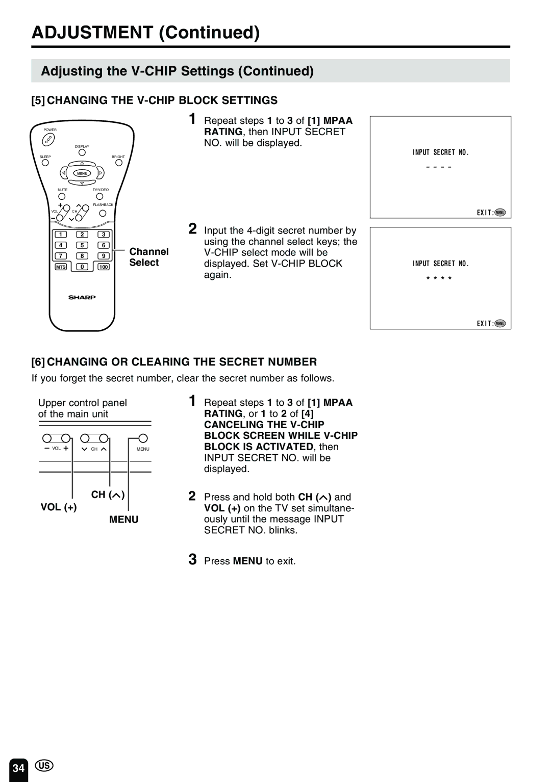 Sharp LC 15B2UA operation manual Changing the V-CHIP Block Settings, Changing or Clearing the Secret Number, Vol + 