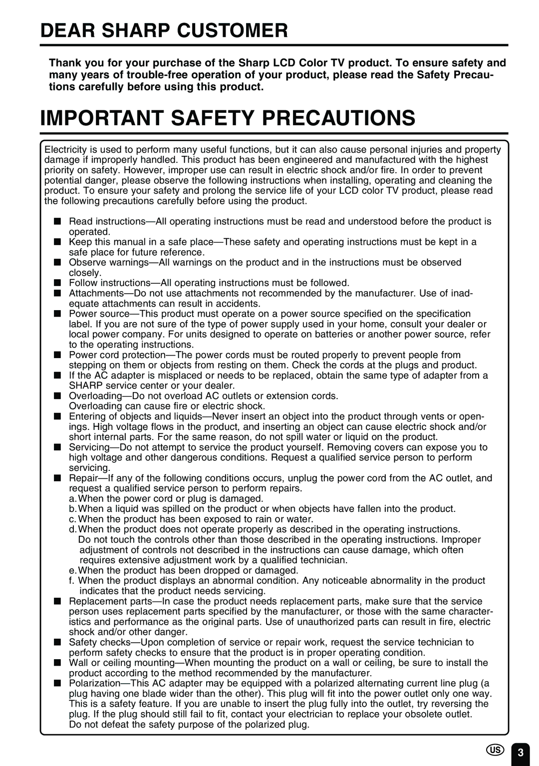 Sharp LC 15B2UA operation manual Important Safety Precautions, Dear Sharp Customer 