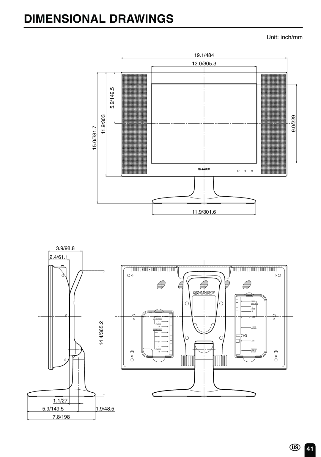 Sharp LC 15B2UA operation manual Dimensional Drawings, Unit inch/mm 