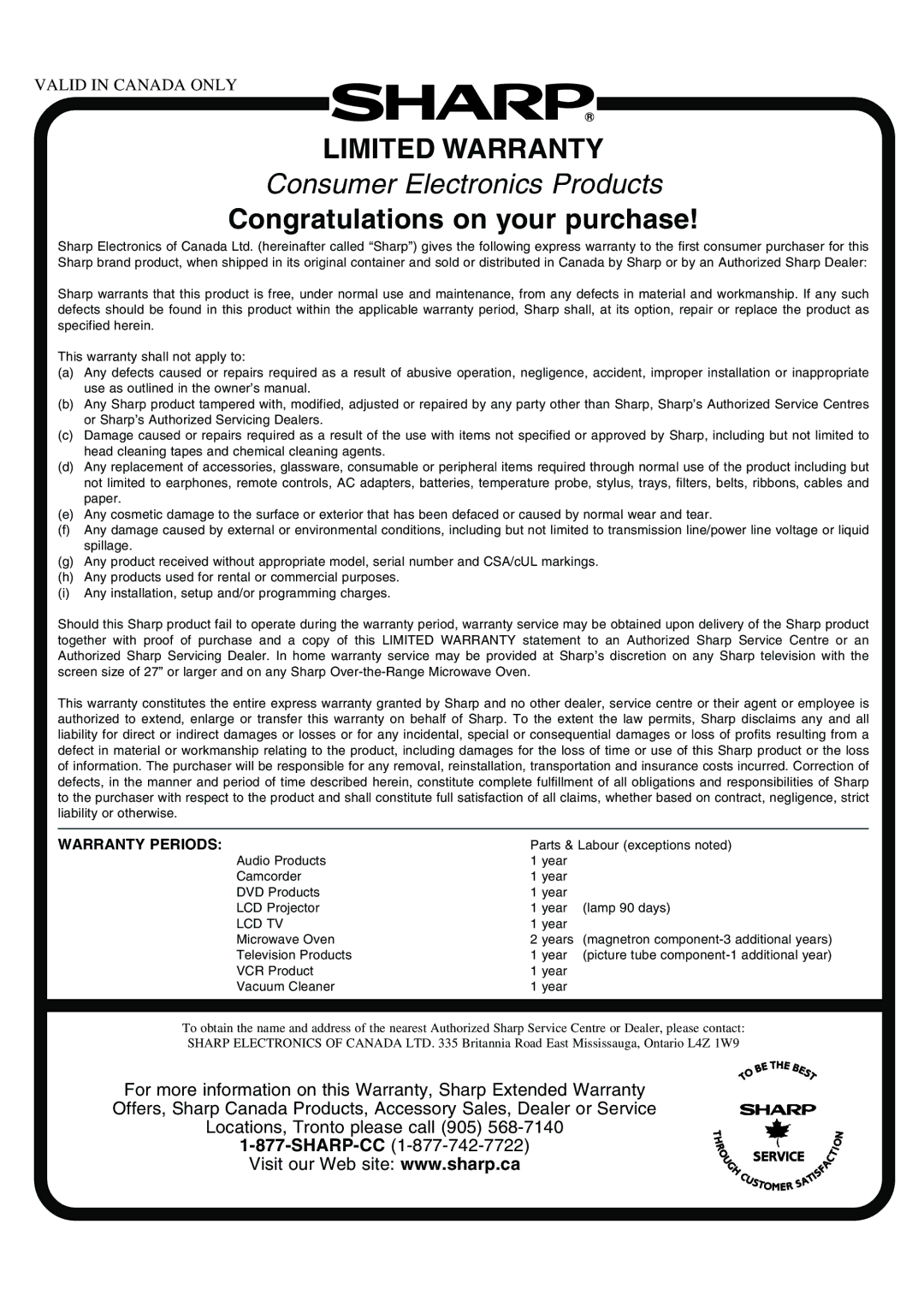 Sharp LC 15B2UA operation manual Limited Warranty 