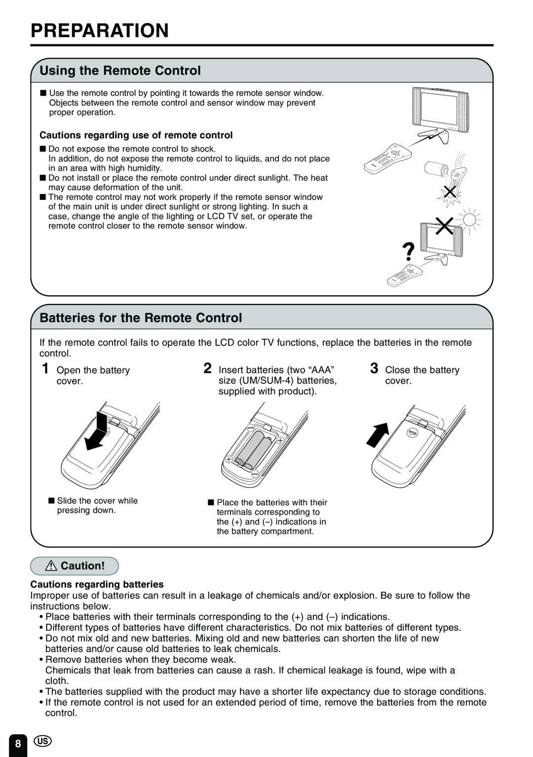 Sharp LC 15B2UA operation manual Preparation, Using the Remote Control, Batteries for the Remote Control 