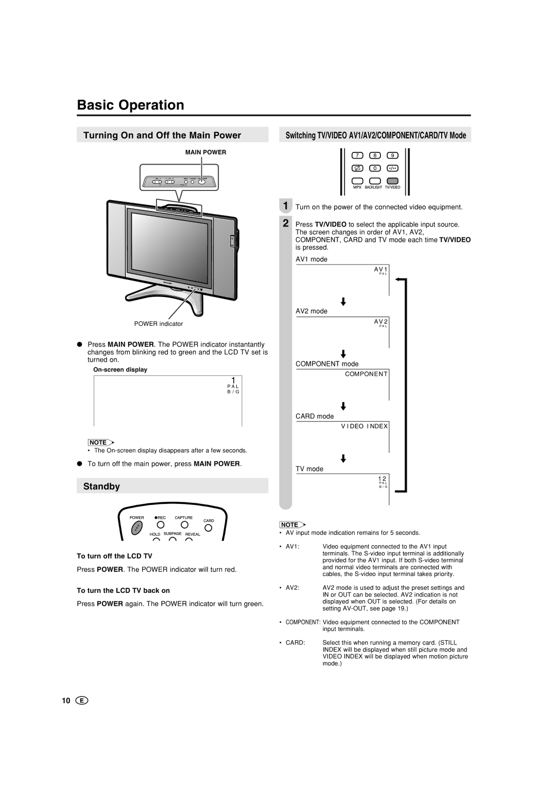 Sharp LC-20B5M, LC-15B5M Basic Operation, Turning On and Off the Main Power, Standby, To turn off the LCD TV 