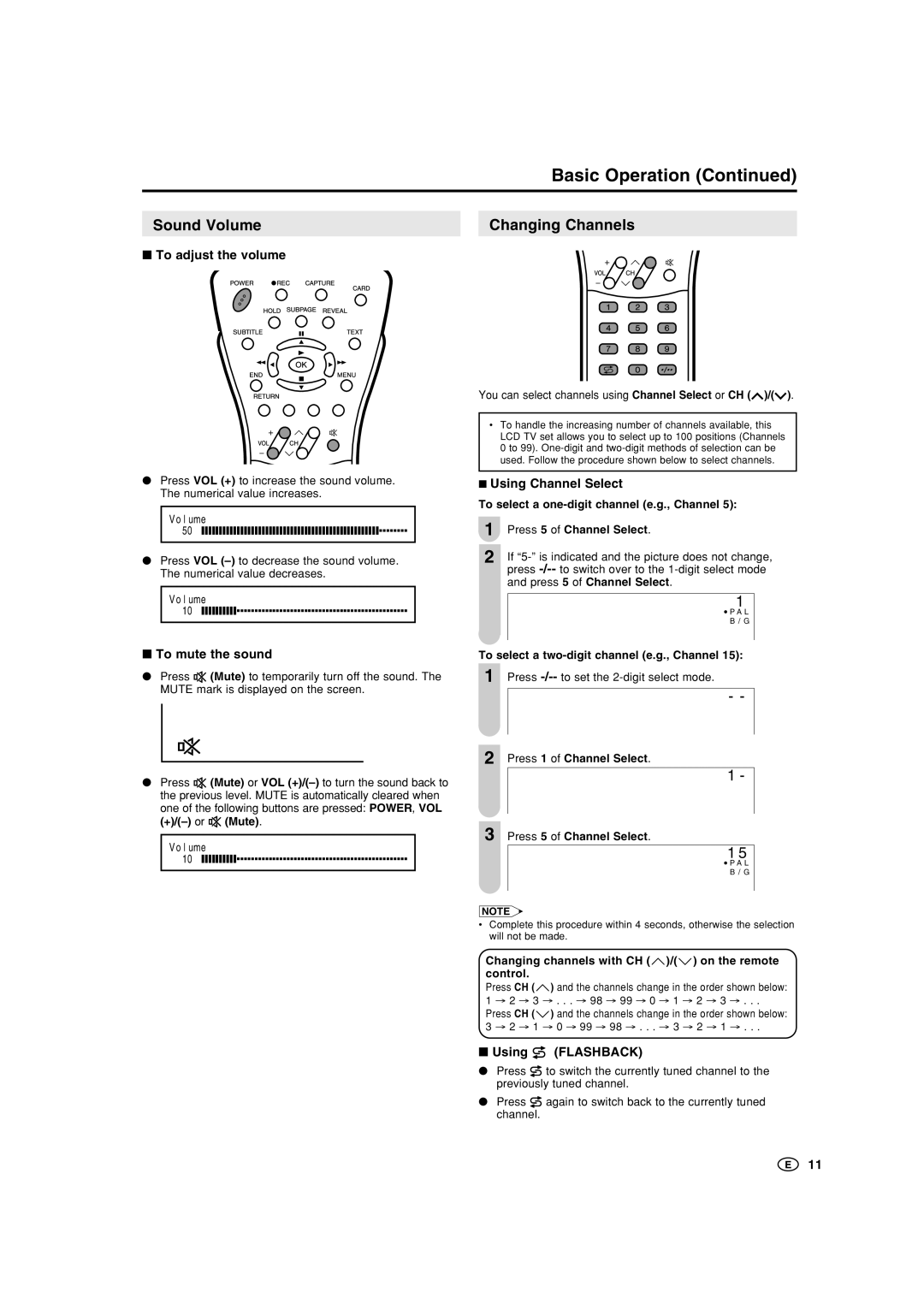 Sharp LC-15B5M, LC-20B5M operation manual Basic Operation, Sound Volume Changing Channels 