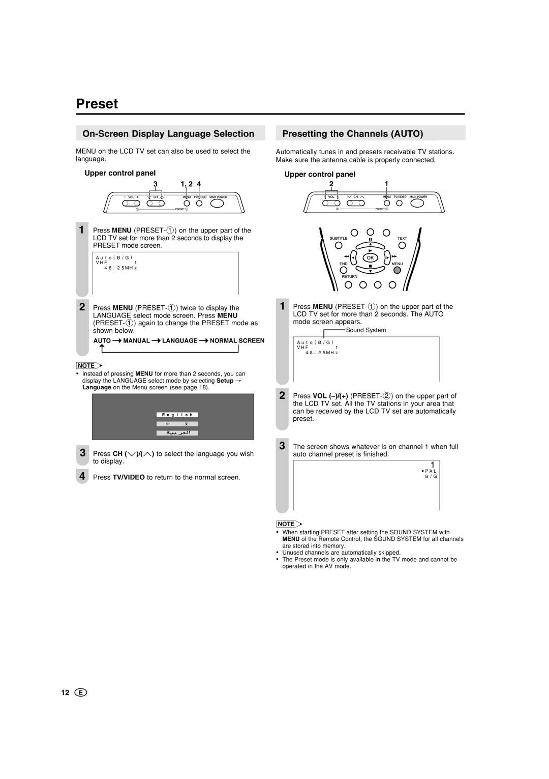 Sharp LC-20B5M, LC-15B5M operation manual Preset, Upper control panel 