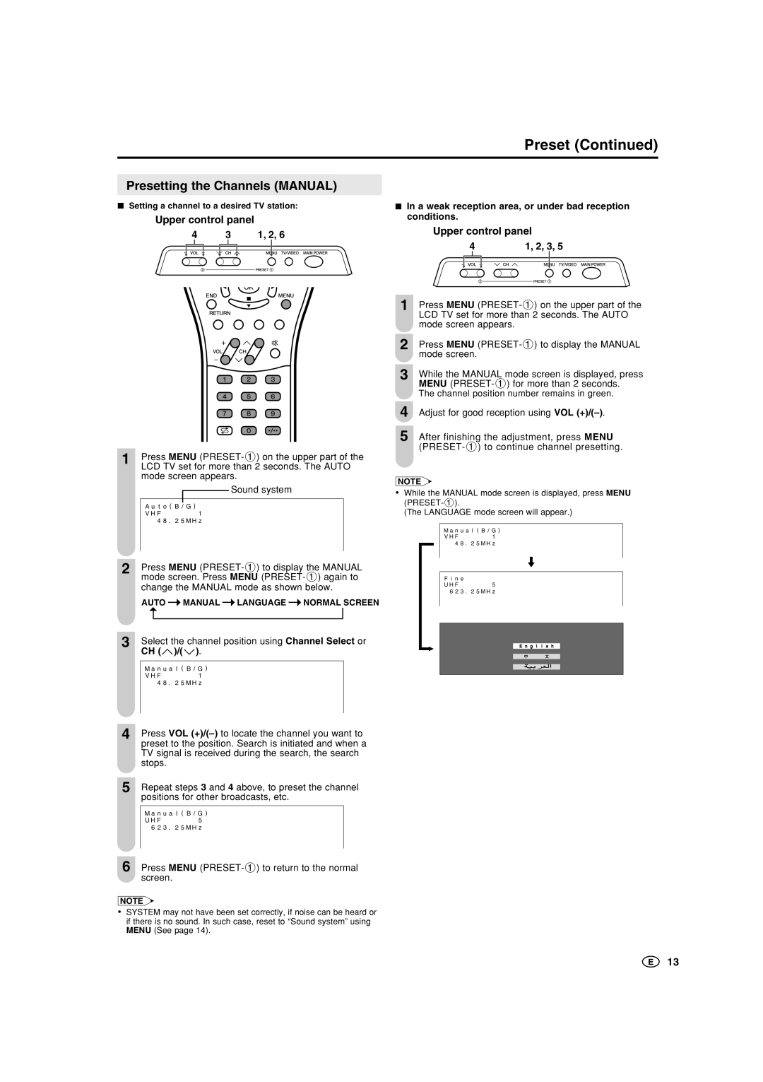 Sharp LC-15B5M, LC-20B5M Presetting the Channels Manual, A weak reception area, or under bad reception conditions 