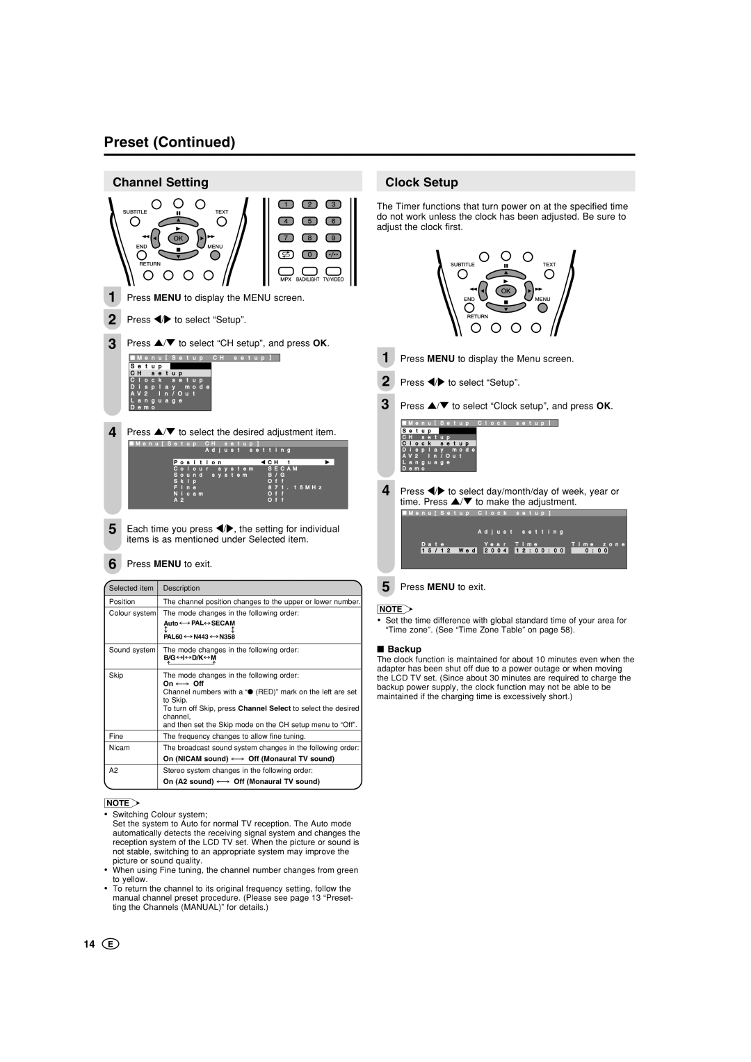 Sharp LC-20B5M, LC-15B5M operation manual Channel Setting Clock Setup, Backup 