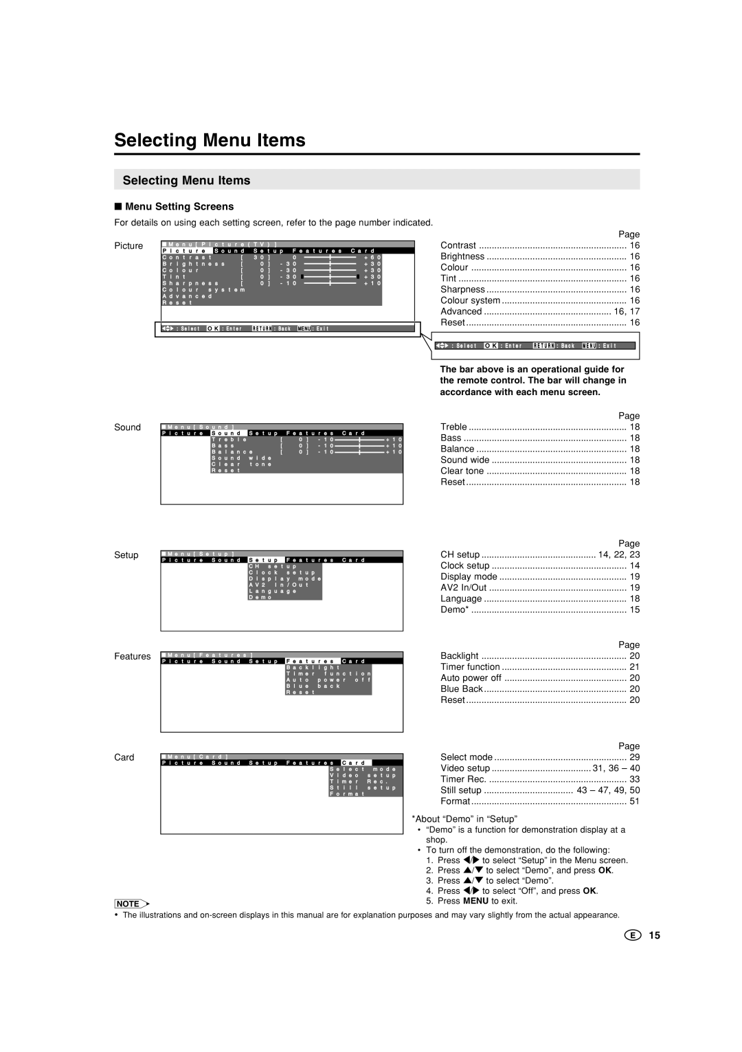 Sharp LC-15B5M, LC-20B5M operation manual Selecting Menu Items, Menu Setting Screens 