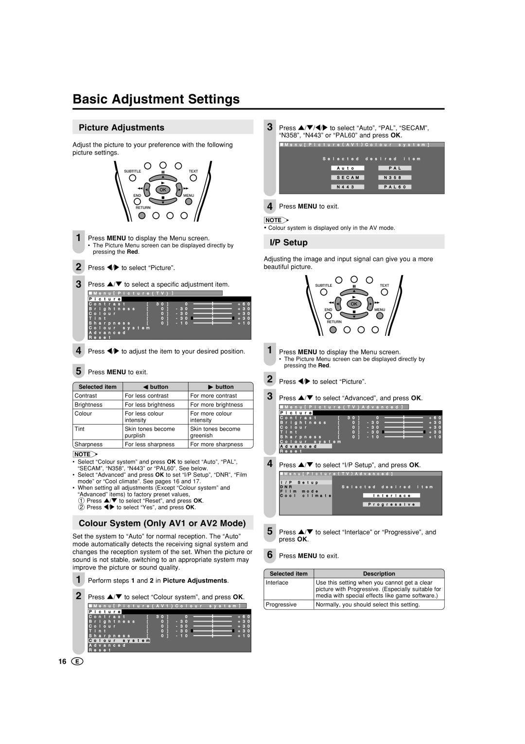 Sharp LC-20B5M, LC-15B5M Basic Adjustment Settings, Picture Adjustments, Setup, Colour System Only AV1 or AV2 Mode 