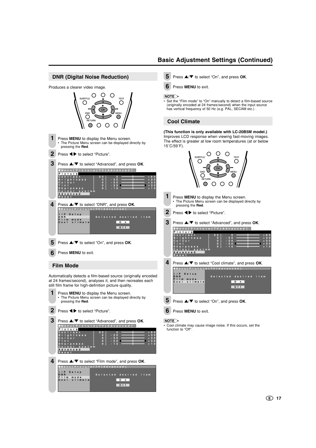 Sharp LC-15B5M, LC-20B5M operation manual Basic Adjustment Settings, DNR Digital Noise Reduction, Film Mode, Cool Climate 