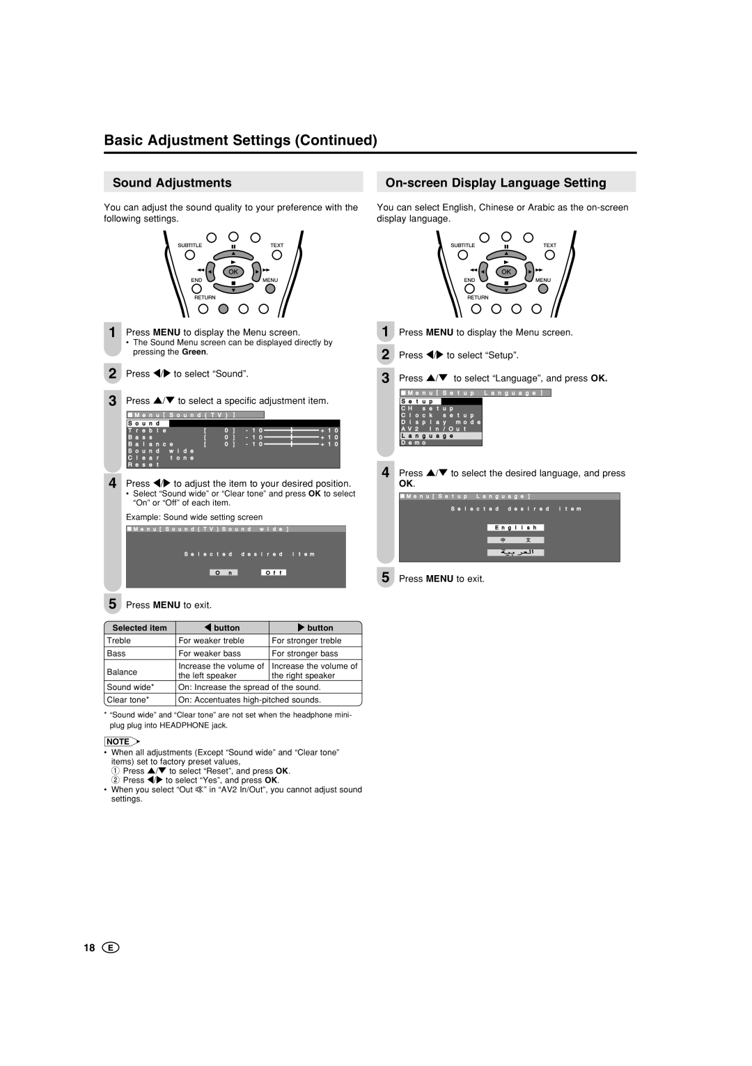 Sharp LC-20B5M Sound Adjustments On-screen Display Language Setting, Press / to select the desired language, and press 